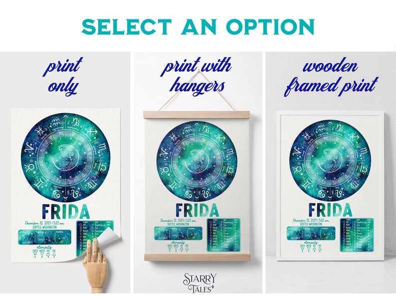 May include: Three options for a personalized zodiac chart print: print only, print with hangers, or a wooden framed print. The chart features a blue and green watercolor galaxy design with a moon and stars. The name "FRIDA" is printed below the chart, along with the date and time of birth. The text "STARRY TALES" is printed below the image.