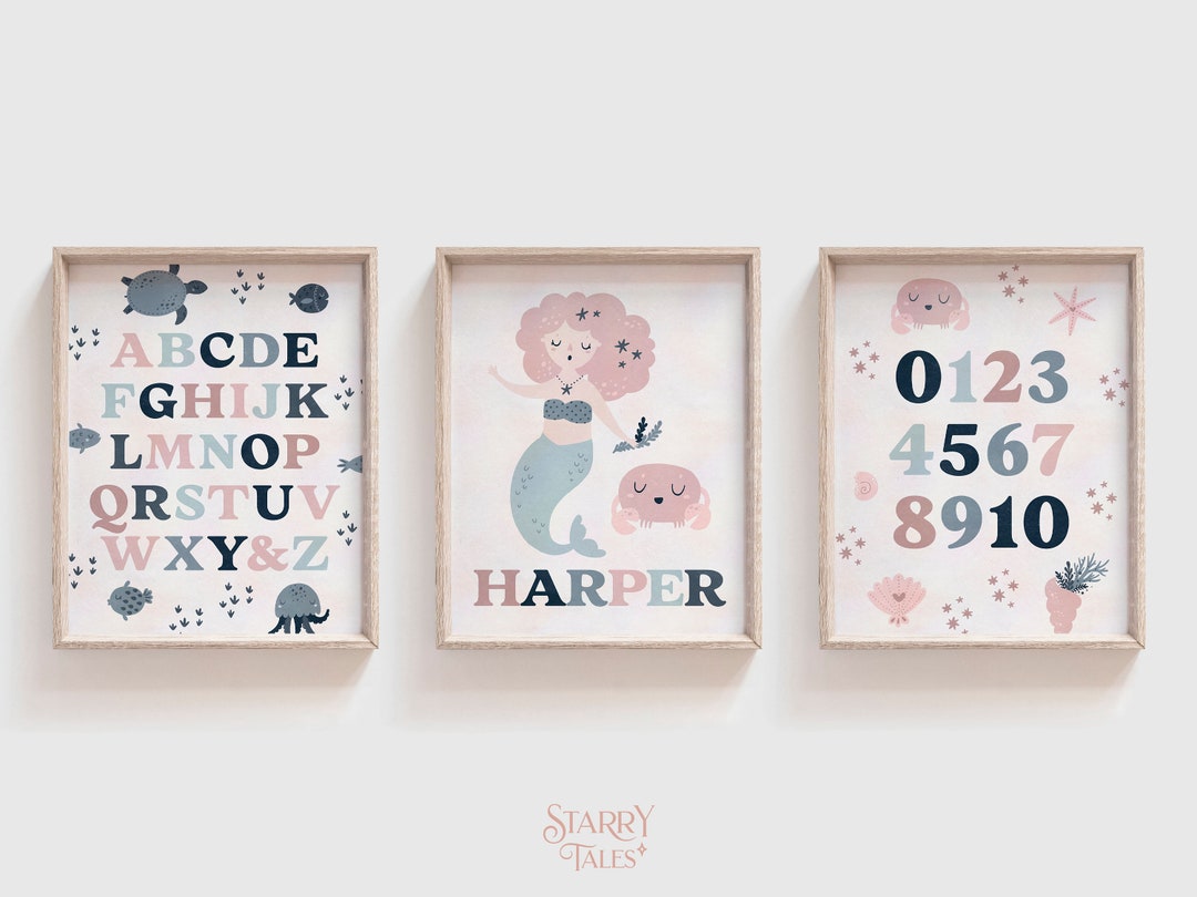 Mermaid Nursery Decor: Custom Name, Alphabet & Numbers (set of 3 Prints ...