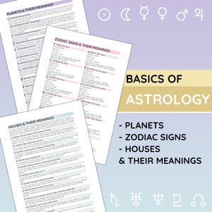 May include: A colorful infographic about the basics of astrology, featuring the planets, zodiac signs, and houses. The infographic is set against a light purple background with a gold and white border.