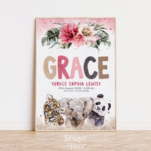 Personalisierte Baby Mädchen Geburt Poster, Waldtiere Geburt Stats Zeichen, Geburt Ankündigung Benutzerdefinierte Kinderzimmer Namensschild, Safari Kinderzimmer Wandkunst