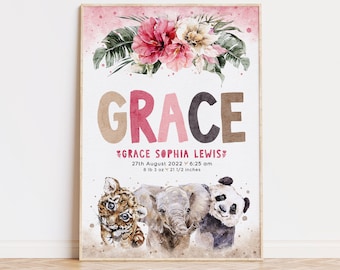 Personalized Baby Girl Birth Stats Poster: Watercolor Woodland Animals (Digital Download)