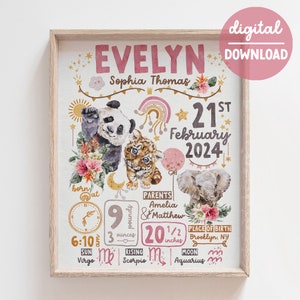 Personalized Birth Stats Sign Safari Nursery Decor, Birth Announcement Printable Wall Art Poster, Newborn Gift Custom Baby Gift New Mom Gift