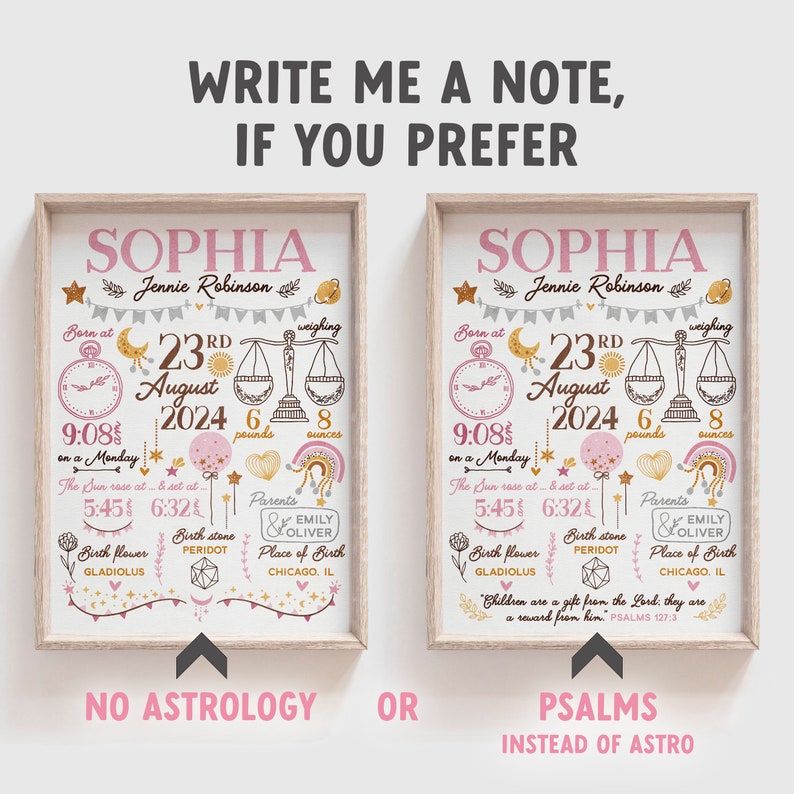 Pode incluir: Um an&uacute;ncio de nascimento imprim&iacute;vel rosa e dourado com o nome Sophia, a data de nascimento 23 de agosto de 2024 e outros detalhes como a hora de nascimento, o peso e a flor. O an&uacute;ncio inclui uma op&ccedil;&atilde;o entre astrologia ou um vers&iacute;culo b&iacute;blico.