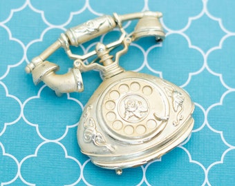 Broche Rétro Ancienne Téléphone Or Mat Et Brillant - Occasion, Bijou Fantaisie, Femme, Rare