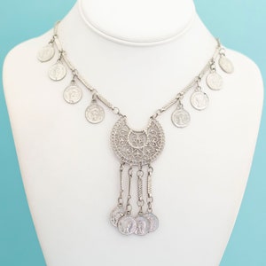 Vintage Dangling Coins Silver Tone Elegant Bib Necklace 26 inch - R24