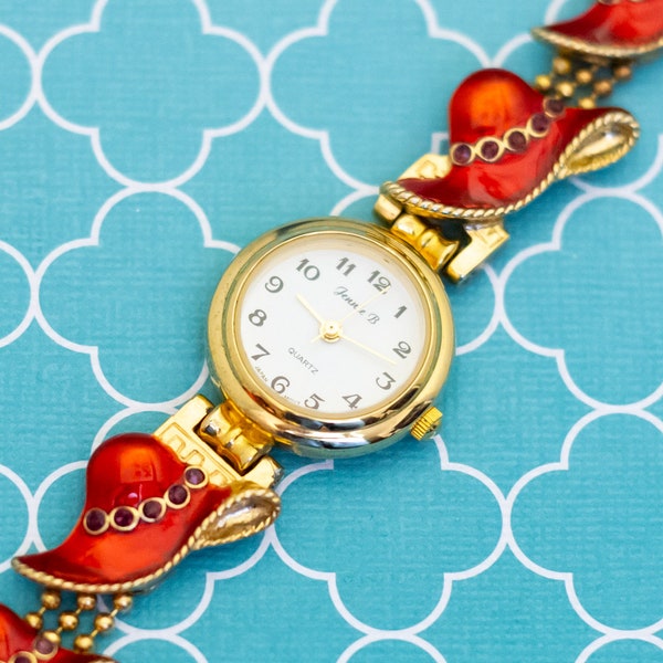 7 inch, Vintage Red Sunhat Charms Gold Tone Stylish Watch by Jennie B - R37