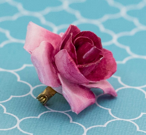 Vintage Bright Pink Rose Brooch by English Bone China… Gem