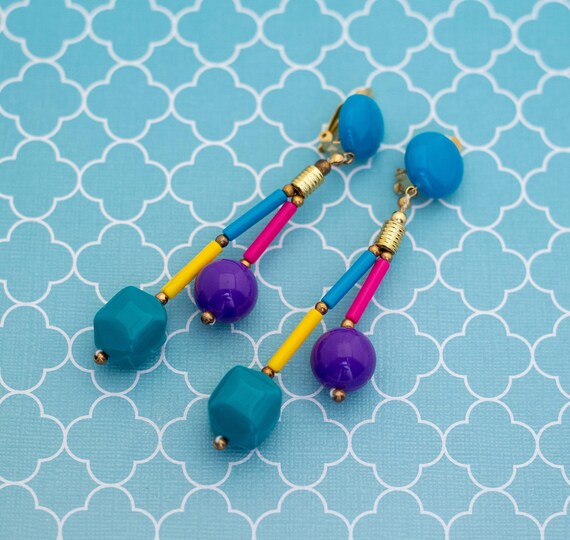 Vintage Dangling Spheres Colorful Clip On Earring… - image 1