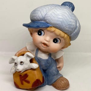 Vintage Homco Boy Wearing Blue Hat and Puppy Dog Figurine