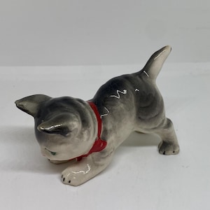 Vintage Cat Figurine Dark Gray White Red Bow Tie Japan