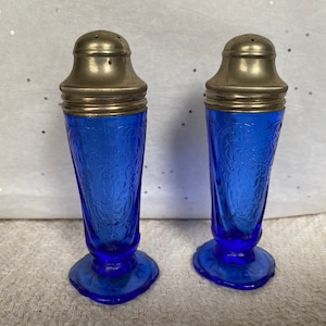 Rare Vintage Hazel Atlas Cobalt Blue Glass Royal Lace Depression glass Salt and Pepper Shaker set