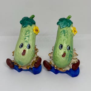 Vintage Cucumber Anthropomorphic Salt and Pepper Shakers Set Japan