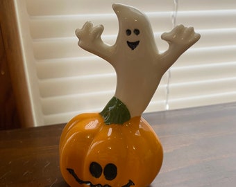 Fantôme d'Halloween vintage en céramique avec décor de citrouille Jack O Lantern 4"
