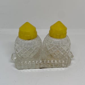 Vintage Glass Round Diamond cut glass salt and pepper shakers with tray Retro Yellow Caps Japan