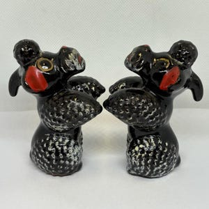 MCM Redware Pottery Poodle Salt Pepper Shaker Set Dog Kitsch Figurines VTG 50s