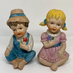 Vintage Boy and Girl Figurines Children with Flowers Pair