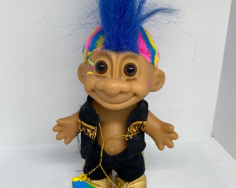 Vintage Russ Troll Doll Rockstar Mohawk con figura de guitarra Rainbow 4"