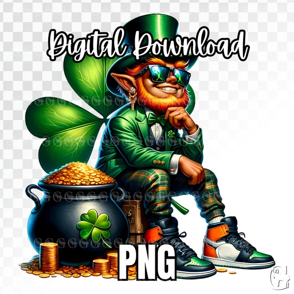 Leprechaun St. Patrick's Day PNG, streetwear, hip hop, Irish, clipart, sublimation, t-shirt design, four leaf clover, pot of gold