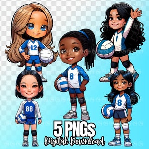 Pacchetto PNG multirazziale per ragazze di pallavolo giovanile, afroamericano, indiano, ispanico, asiatico, clipart di pallavolo, sublimazione, design grafico