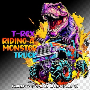 t-rex montando un camión monstruo PNG, imágenes prediseñadas, cumpleaños de niño, para niños, camión monstruo, dinosaurio