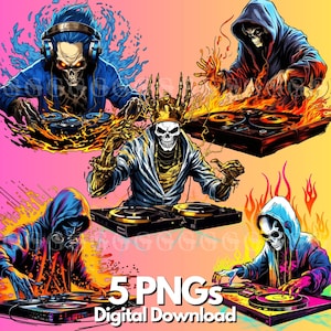 スカル DJ PNG バンドル (セット 1)、スケルトン DJ、ストリートウェア、ディスク ジョッキー、ターンテーブル、スカル、スケルトン、ヒップホップ、ギャング、昇華