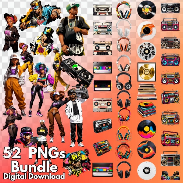 52 PNGs Full Bundle - Ende 1900 Hip Hop Clipart, 1990er, 1980er Jahre, Rap, Gangster, Kassette, Schallplatte, Boombox, Charaktere, Designs