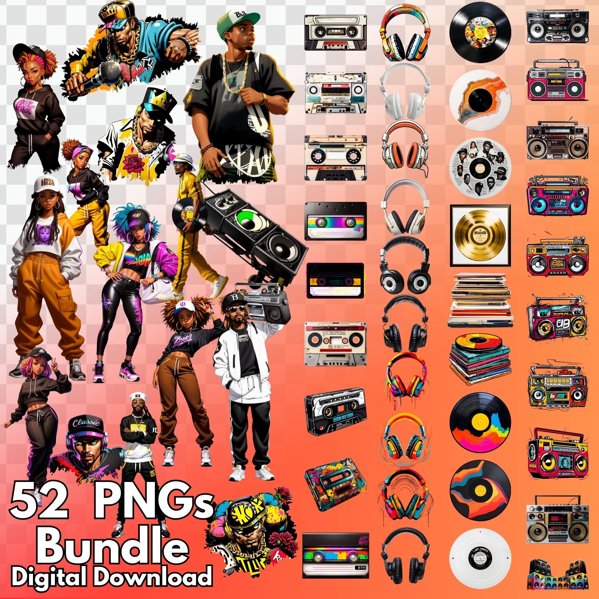52 Pngs Full Bundle Late 1900's Hip Hop Clipart, 1990's, 1980's, Rap