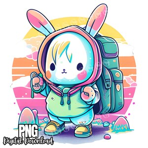 Puede incluir: Un conejito de dibujos animados con una sudadera azul y verde, un gorro rosa y blanco y una mochila verde. El conejito est&aacute; de pie sobre un fondo rosa y naranja con nubes y una puesta de sol.