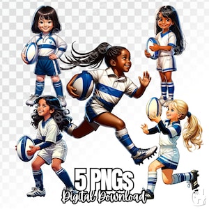 Female Youth Rugby Players (Multi-racial) PNG Bundle, girl rugby, rugby clipart, white and blue uniforms,  digital download, sublimation
