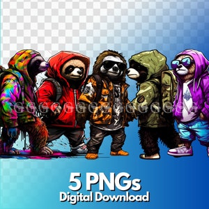 Sloths Wearing Urban Streetwear PNG Bundle, sloths, sloth, cool sloths, gangster, png, sublimation, clipart, hip hop style