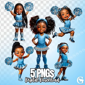 Pacchetto PNG di ragazze pon pon blu e grigie (afroamericane), cheerleader nere, mamma cheerleader, ragazze nere, sport per ragazze, sublimazione, clipart