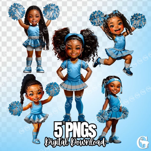 Blue & Gray Girl Cheerleaders (African American) PNG Bundle, black cheerleaders, cheer mom, black girls, girl sports, sublimation, clipart