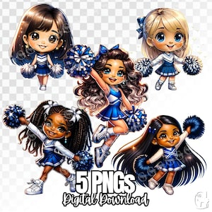 Cheerleader Girls (multiethnisch) PNG Bundle, weiße und blaue Uniformen, jubeln Mädchen, jubeln Mutter, Pom Pom, weißen und blauen Uniformen, Clipart