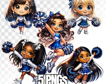 Cheerleader Girls (Multi-racial) PNG Bundle, white and blue uniforms, cheer girls, cheer mom, pom pom, white and blue uniforms, clipart