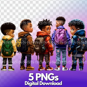 Pacote PNG de volta às aulas para meninos, meninos legais, meninos afro-americanos, meninos negros, meninos do ensino fundamental, crianças legais, clipart, sublimação