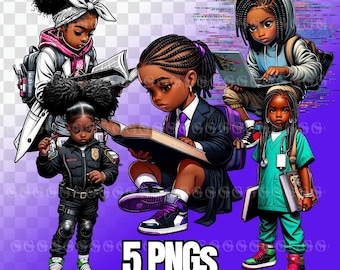 Career Themed African American Girls PNG bundle, girl doctor, girl nurse, girl lawyer, girl software engineer, girl police officer, clipart