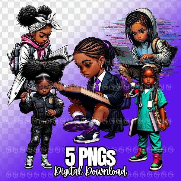 Career Themed African American Girls PNG bundle, girl doctor, girl nurse, girl lawyer, girl software engineer, girl police officer, clipart