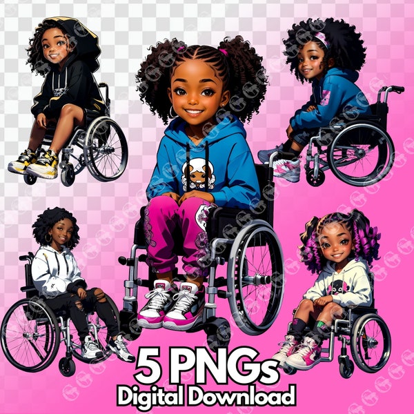 Five African American Girls Sitting In Wheelchairs PNG Bundle, black girls wearing hoodies, black girl magic, clipart, t-shirt design