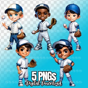 Multiraciale honkbal jongens PNG bundel, Afro-Amerikaanse jongen, Spaanse jongen, Indiase jongen, Aziatische jongen, Europese jongen, honkbalkarakters, clipart