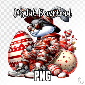 Hip Hop Easter Bunny PNG, Red White Camo Hoodie and Sweatpants, Easter png, Bunny png, Hip Hop png, Cool Bunny, Sublimation, Clipart