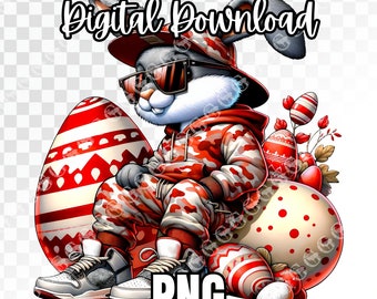 Hip Hop Easter Bunny PNG, sudadera con capucha y pantalones deportivos de camuflaje blanco rojo, png de Pascua, png de conejito, png de Hip Hop, conejito fresco, sublimación, imágenes prediseñadas