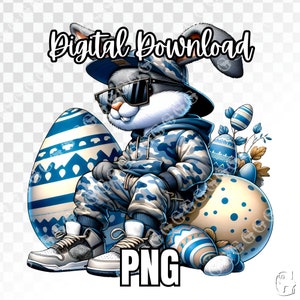 Hip Hop Easter Bunny PNG, Blue White Camo Hoodie and Sweatpants, Easter png, Bunny png, Hip Hop png, Cool Bunny, Sublimation, Clipart