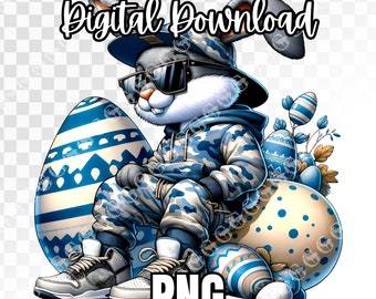 Hip Hop Easter Bunny PNG, sudadera con capucha y pantalones de chándal de camuflaje blanco azul, png de Pascua, png de conejito, png de Hip Hop, conejito fresco, sublimación, imágenes prediseñadas