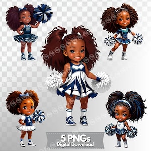 Blue Silver White Cheerleaders PNG Bundle, black girl cheerleaders, youth cheerleaders, pom poms, african american cheerleaders, clipart