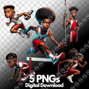 Track and Field African American Boys png bundle, track star, black boys, sports, relay race, jumping hurdle, sprinter, red uniform