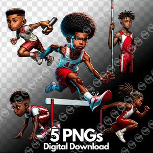Track and Field African American Boys png-bundel, trackster, zwarte jongens, sport, estafette, springhindernis, sprinter, rood uniform
