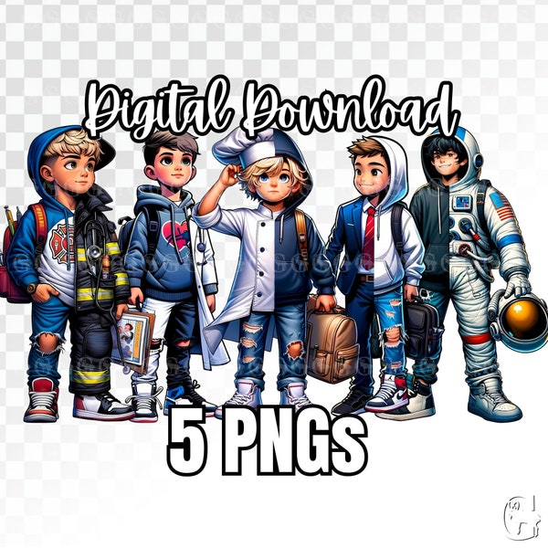 White/European Career Boys PNG Bundle, kid astronaut, kid firefighter, kid wearing suit, kid chef, kid doctor, clipart, sublimation