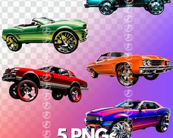 Street Cars mit Big Rims PNG Bundle, coole Autos, Muscle Cars, schnelle Autos, Streetwear, Hip Hop, Gangster, Sublimation, Clipart