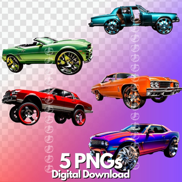 Street Cars with Big Rims PNG Bundle, cool cars, muscle cars,  fast cars, streetwear, hip hop, gangster, sublimation, clipart