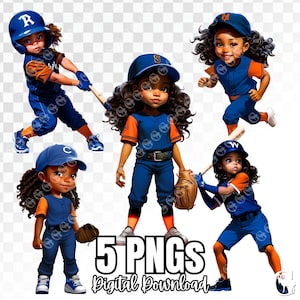 青とオレンジのユニフォームを着たアフリカ系アメリカ人の野球少女 PNG バンドル、野球 png、黒人少女、青少年スポーツ、クリップアート、昇華